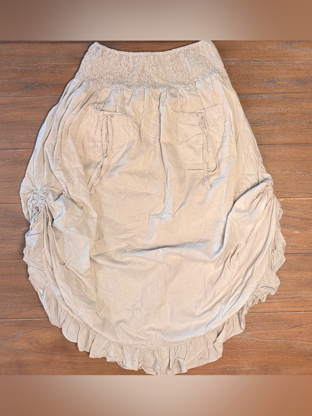 Sakkas Light Cream Smocked Ruffle Midi Skirt with Pockets #23